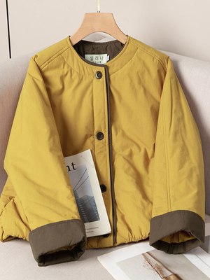 韩版新款撞色拼接单排扣夹棉外套2025秋冬女时尚宽松短款棉服上衣