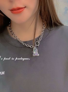 原宿风童趣甜酷珠光透明水晶小熊软糖项链女泰迪熊锁骨链