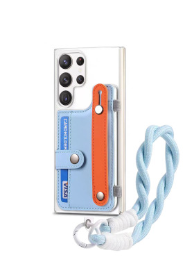 日韩腕带卡包带挂绳适用GalaxyS25Ultra手机壳三星S24新款23Ultra皮质插卡槽S22可放卡S21透明支架外壳保护套