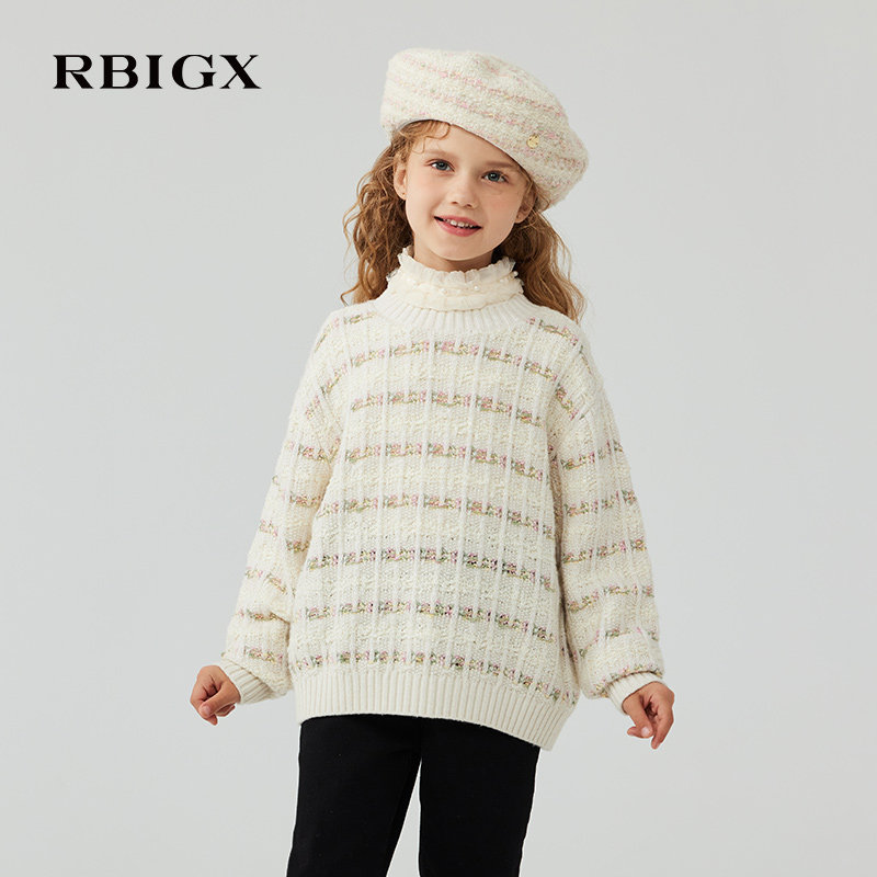 RBIGX瑞比克童装冬季新款小香风粗花呢宽松条纹女童针织衫毛衣