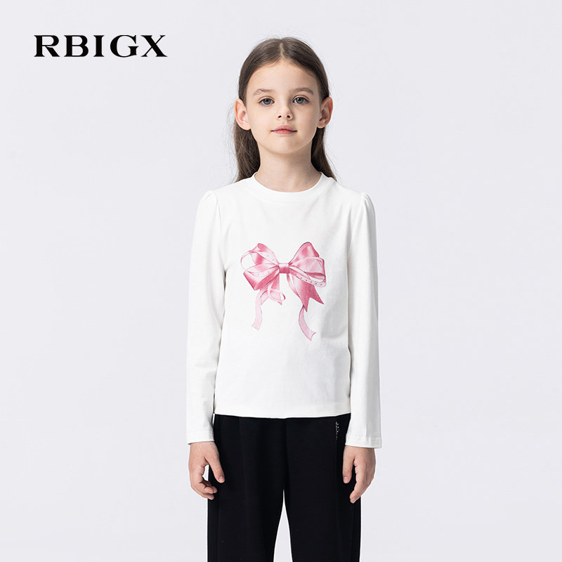 RBIGX瑞比克童装春秋新款女童蝴蝶结印花修身长袖t恤打底衫