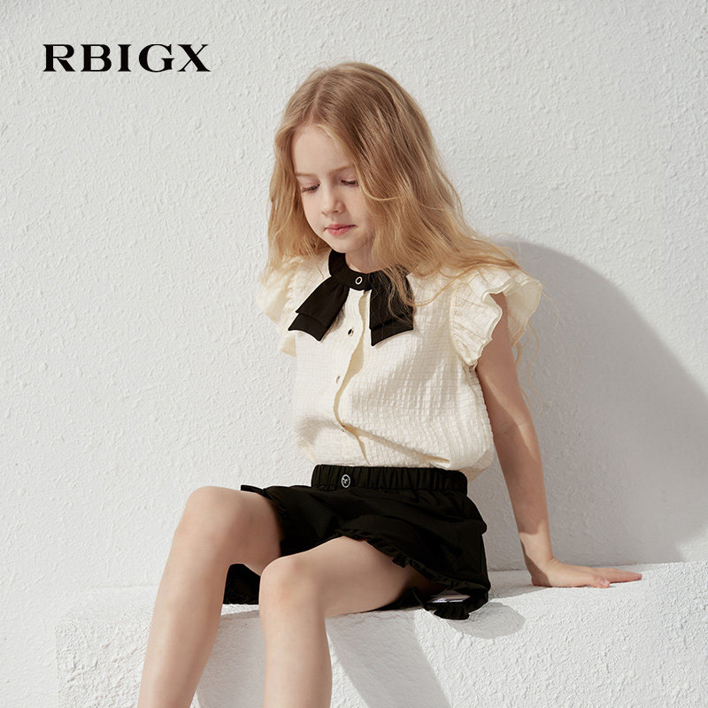 RBIGX瑞比克童装夏季新款无袖女童小飞袖小衫蝴蝶结甜美薄款衬衫