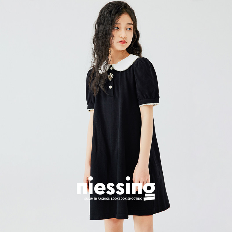 NIESSING尼辛童装夏季女童设计感圆领翻领珍珠纽扣休闲气质连衣裙