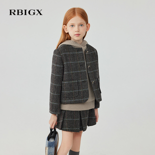 RBIGX瑞比克童装冬季新款学院风复古纯羊毛短款女童格子毛呢外套