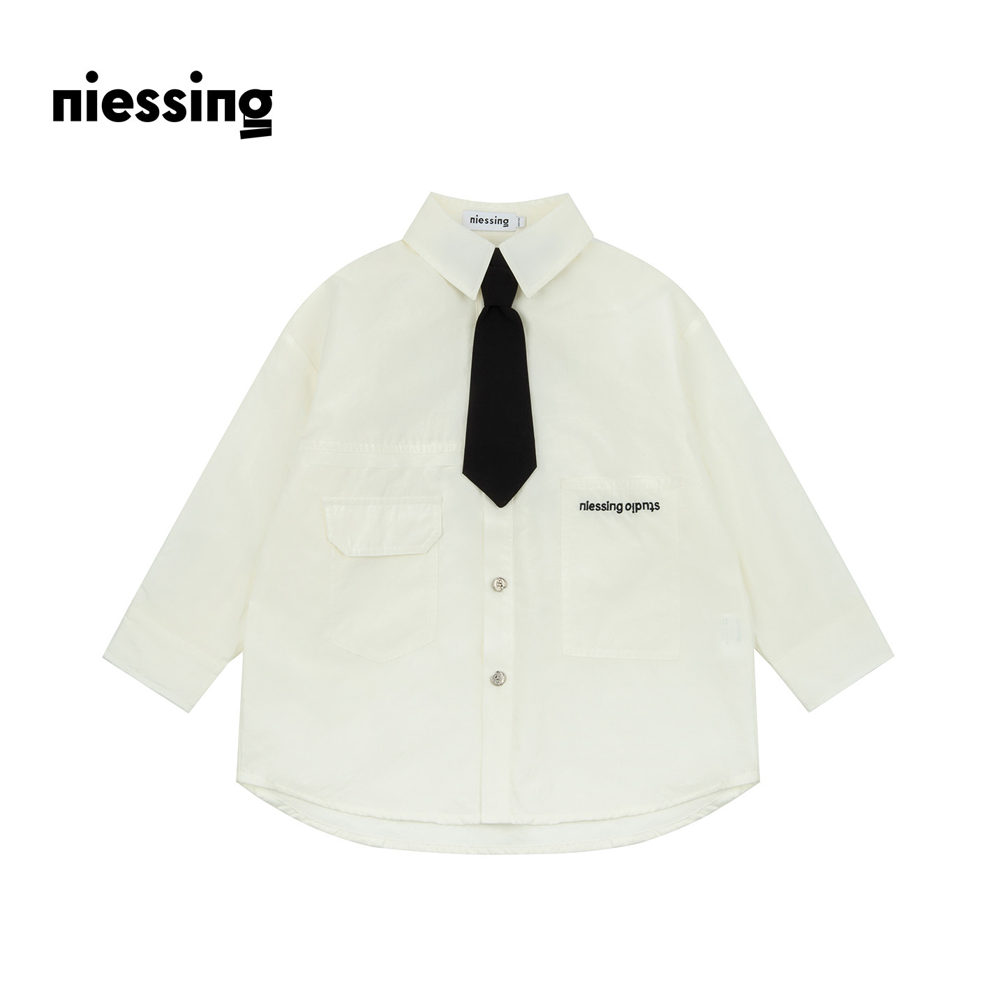 NIESSING尼辛童装春季新款纯棉复古学院风设计感男童系带长袖衬衫