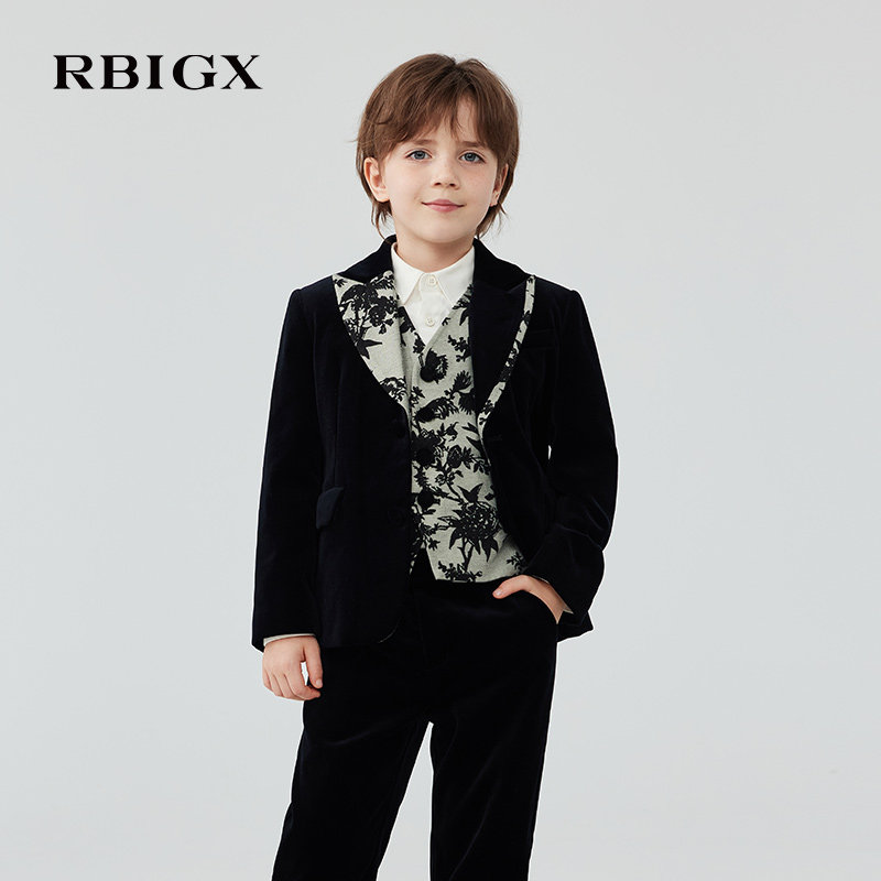 RBIGX瑞比克童装冬季新款英伦风复古刺绣绅士气质男童丝绒西装