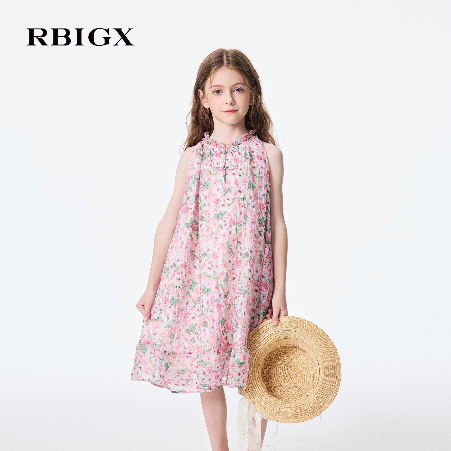 RBIGX瑞比克童装夏季新款田园风甜美女童无袖碎花挂脖收腰连衣裙