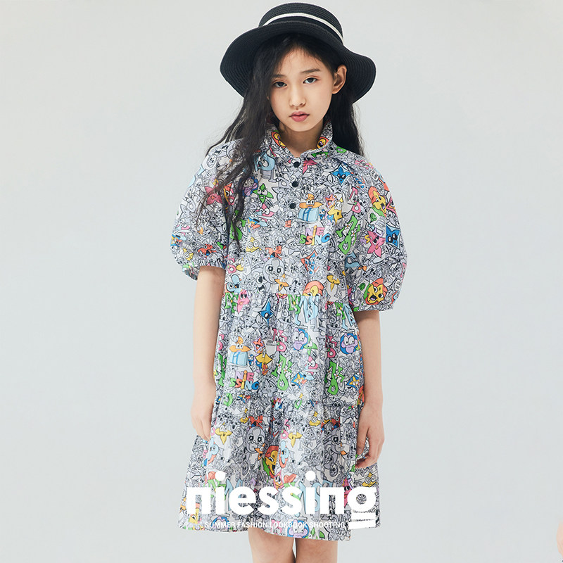 NIESSING尼辛童装夏季女童设计感卡通印花字母logo可爱百搭连衣裙