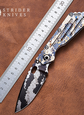 美国STRIDER挺进者正品限定SMF手工激光迷彩钛合金战术粉末钢折刀