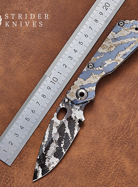 美国STRIDER挺进者正品展会限定手工激光迷彩钛合金SNG粉末钢折刀