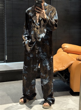 尚锋男装美式复古印花长袖西服套装潮流百搭高级气质痞帅宽松套装