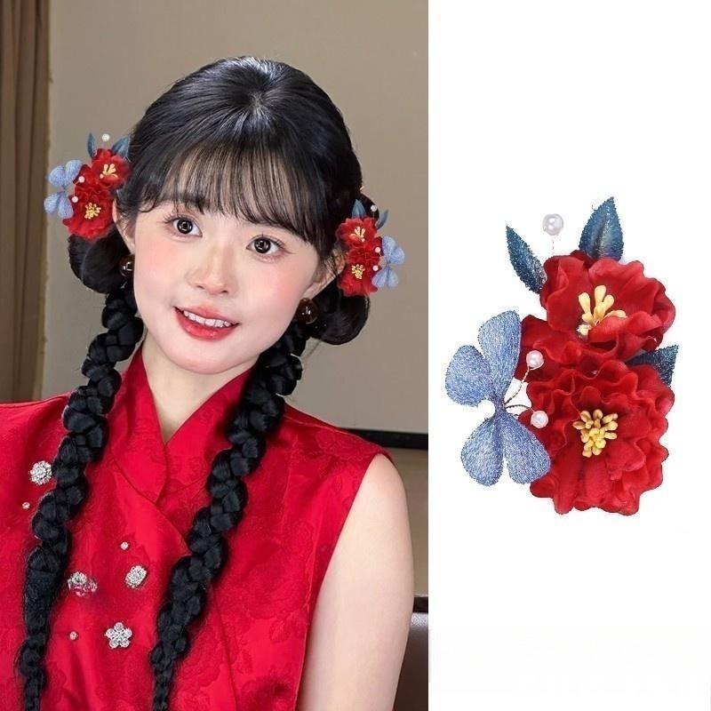 古风盘发头饰新中式国风新娘秀禾发饰女红色山茶花发夹侧边夹配饰