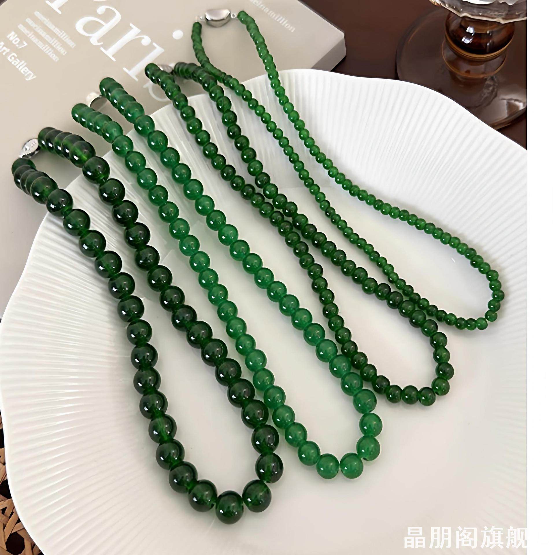 绿色仿玛瑙玉髓串珠项链女款碧玉石珠子翡翠新中式锁骨颈链配饰