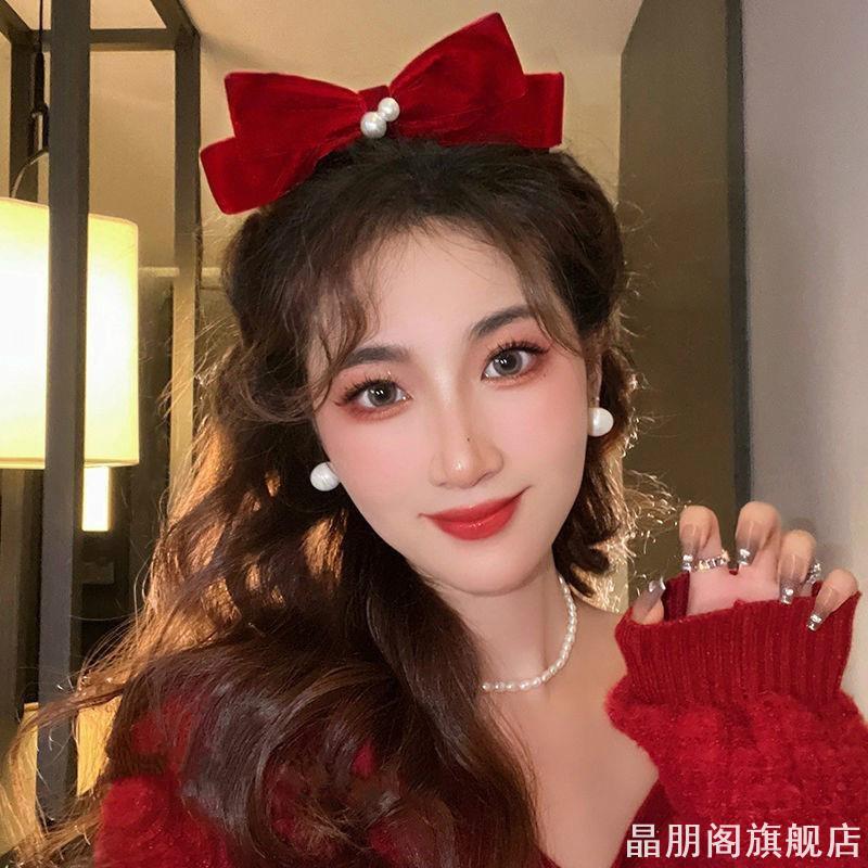 新年发饰丝绒发夹红色蝴蝶结发卡刘海夹气质鸭嘴夹法式新娘头饰女