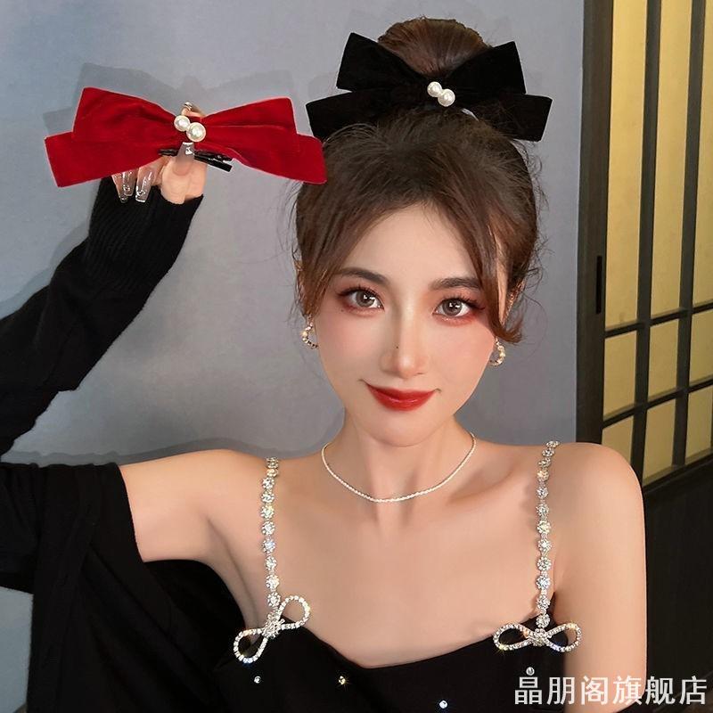 红色丝绒立体蝴蝶结发夹女发卡子新娘结婚敬酒服头饰2025新款发饰