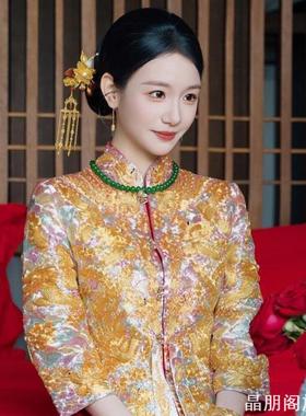 脖颈链秀禾服项链马面裙仿玛瑙串珠新中式锁骨链国风祖母绿色串珠