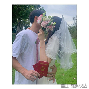 新娘头饰超仙森系缎面头饰发圈蝴蝶结头纱结婚婚纱配饰写真发饰品