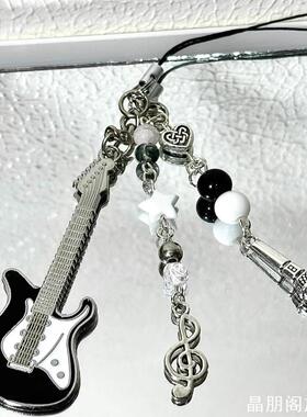 黑色吉他爱心手作串珠少女手机链咕本卡册挂件包包ccd挂件ins