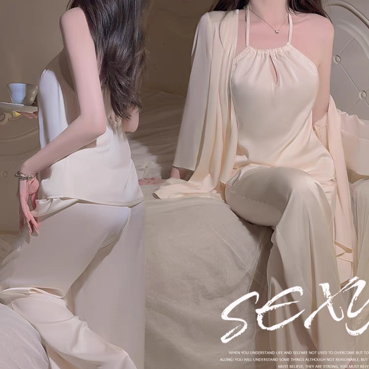 春夏款大码女装胖mm性感纯欲风睡衣套装挂脖露背冰丝家居服三件套