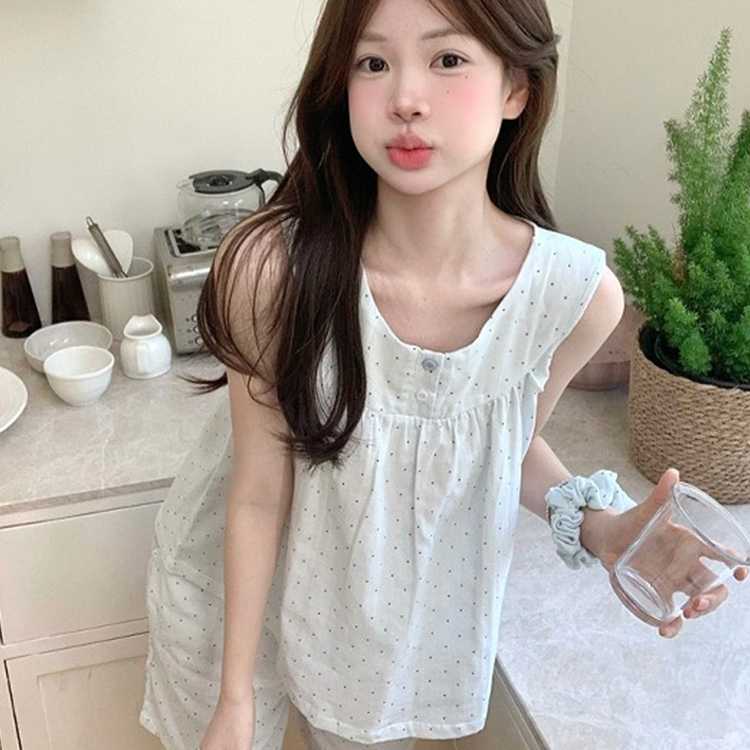 大码女装胖mm夏季可爱波点睡衣纯棉纱布无袖背心短裤家居服套装