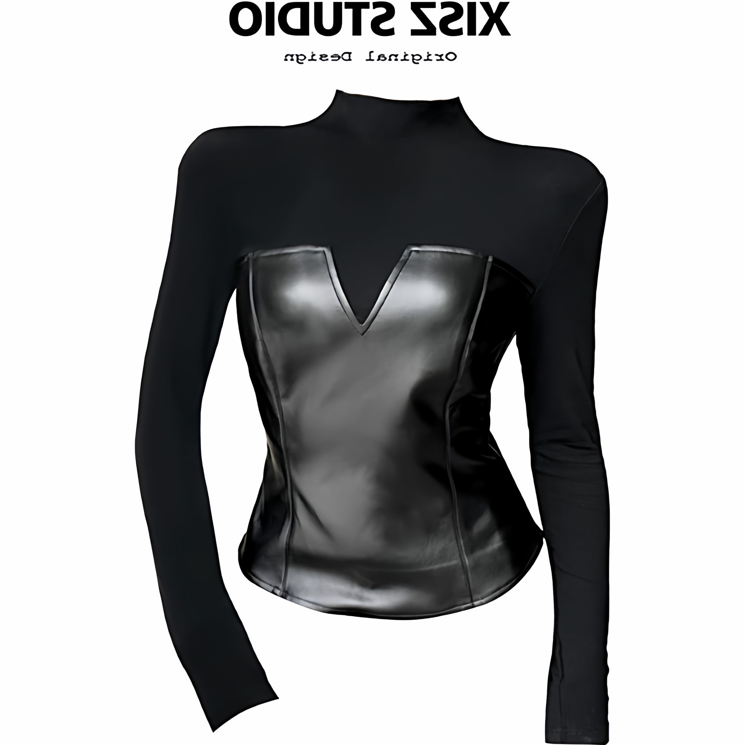 大码胖mm甜酷辣妹半高领PU皮拼接