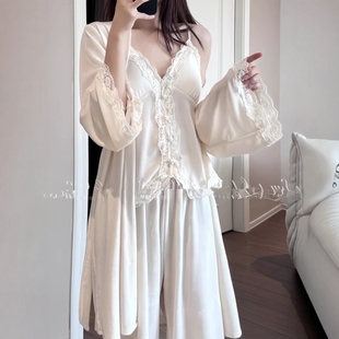 200斤大码 胖mm金丝绒睡衣三件套秋冬纯欲性感蕾丝花边家居服 女装