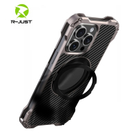 R-just Metal Carbon Fiber Case For Iphone16 15 14 13 12 Pro Max Cover Aluminum Alloy Holder Ring