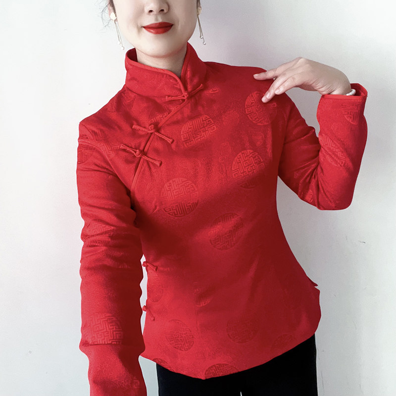 傲雪原创夹棉保暖中国风立领盘扣唐装上衣女盘扣式新中式妈妈装红