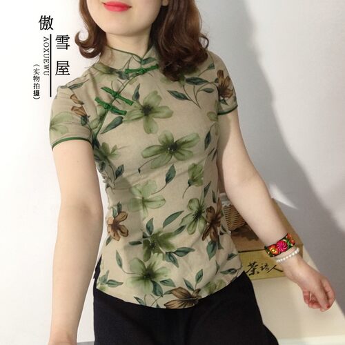 中国风复古棉麻修身盘扣女装改良短袖旗袍上衣中式短款唐装茶艺服
