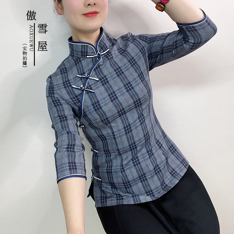 中国风复古格子改良旗袍上衣中式修身唐装盘扣女装七分袖汉服春秋