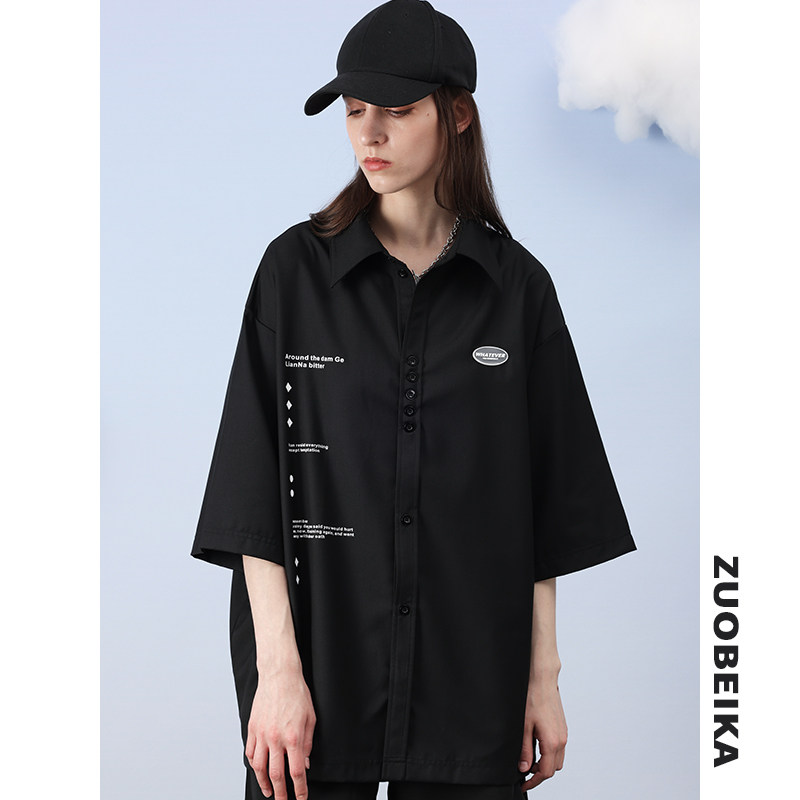 2022新款黑色衬衫女短袖薄款夏设计感法式宽松情侣POLO衫港风上衣