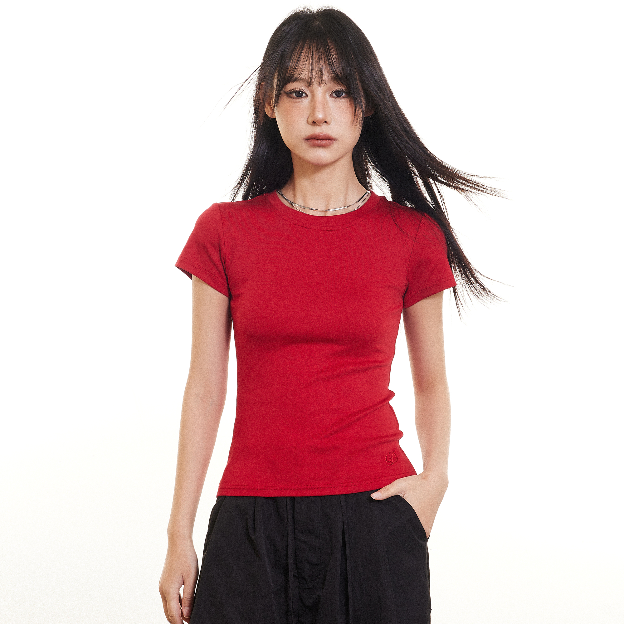 Beikastudios红色短袖T恤女夏新款修身圆领韩版休闲正肩短款上衣