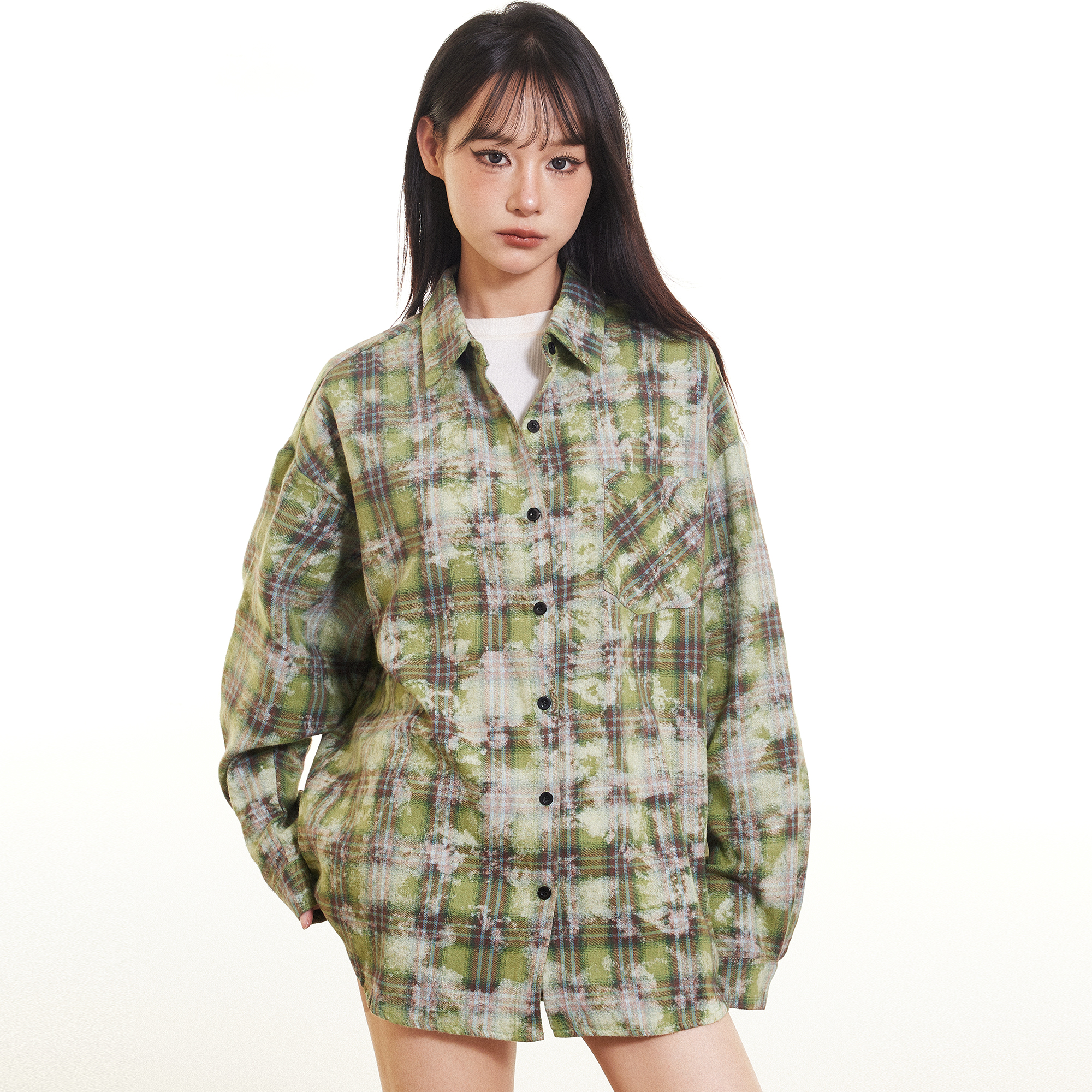 Beikastudios绿色扎染格子衬衫女春新款2025长袖休闲复古格纹外套