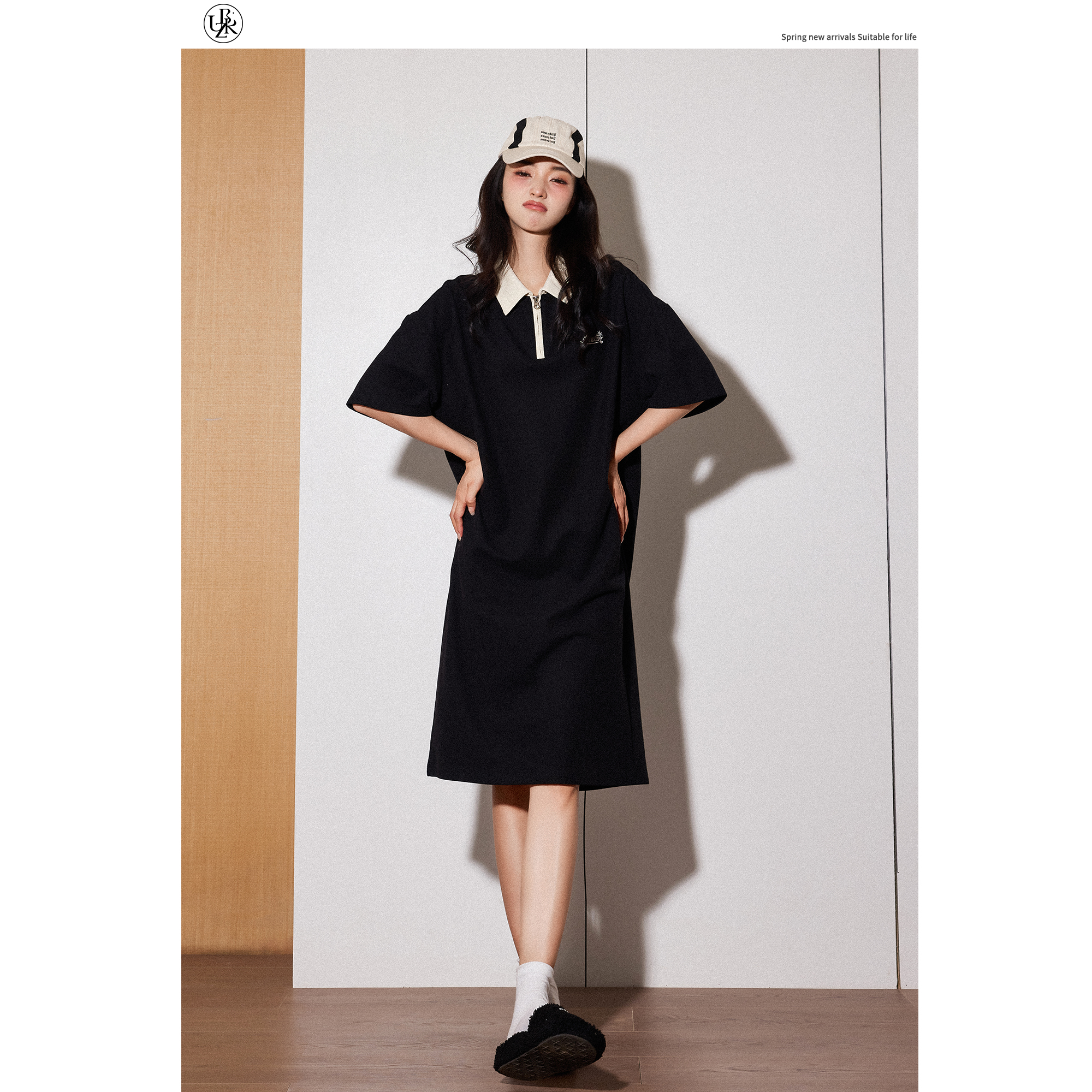 Beikastudios黑色连衣裙女夏休闲学院风宽松直筒撞色Polo裙T恤裙