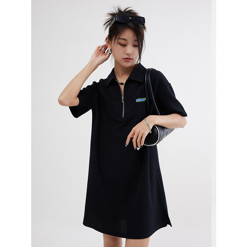 ZUOBEIKA潮牌黑色连衣裙女夏短袖裙子拉链法式复古T恤裙Polo裙潮