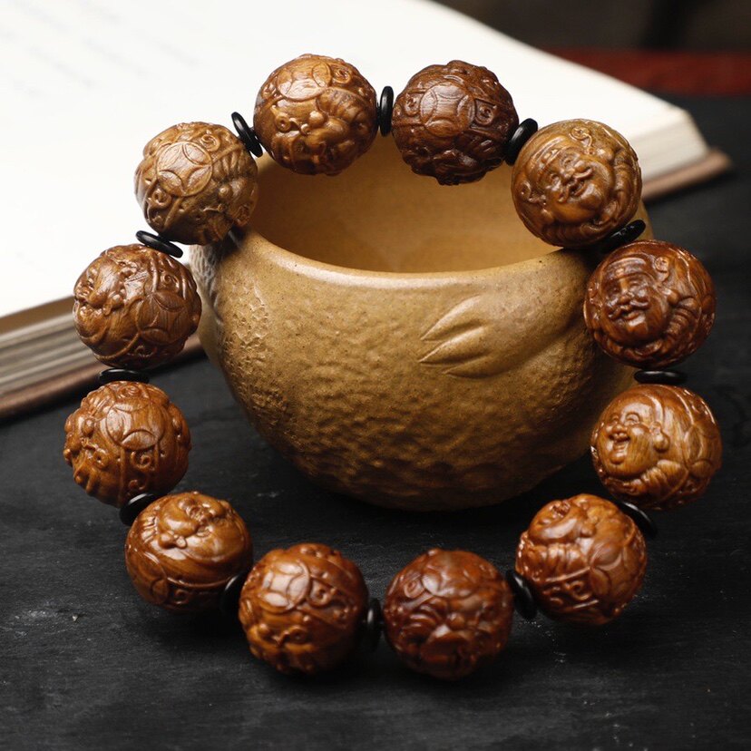 木雕刻财富一生手串绿檀木质文玩手链2.0佛珠手串笑口常开弥勒佛