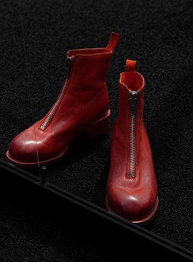 水洗马皮guidi鬼帝短靴女前拉链红色圆头手工真皮鞋马丁靴过年