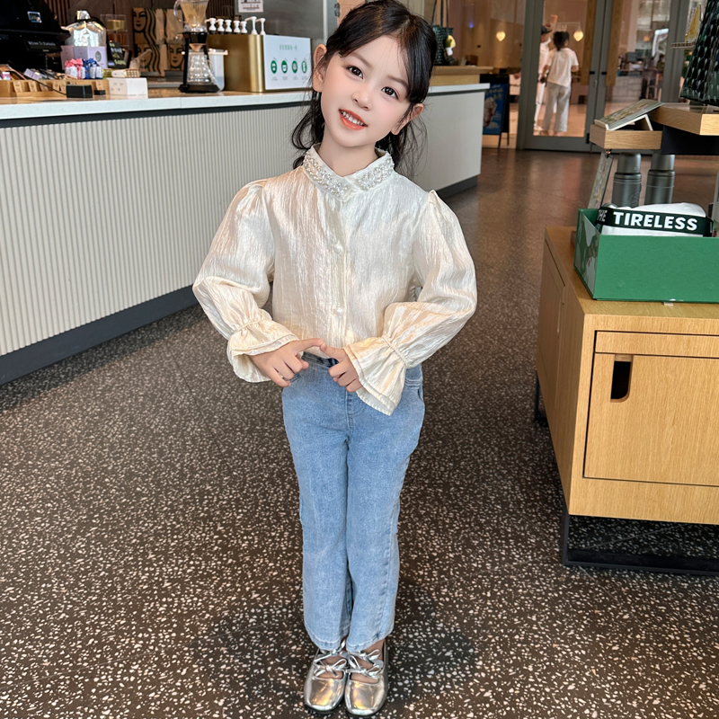 女童小香风衬衫春秋季儿童喇叭袖娃娃衫宝宝韩版立体珠新中式上衣
