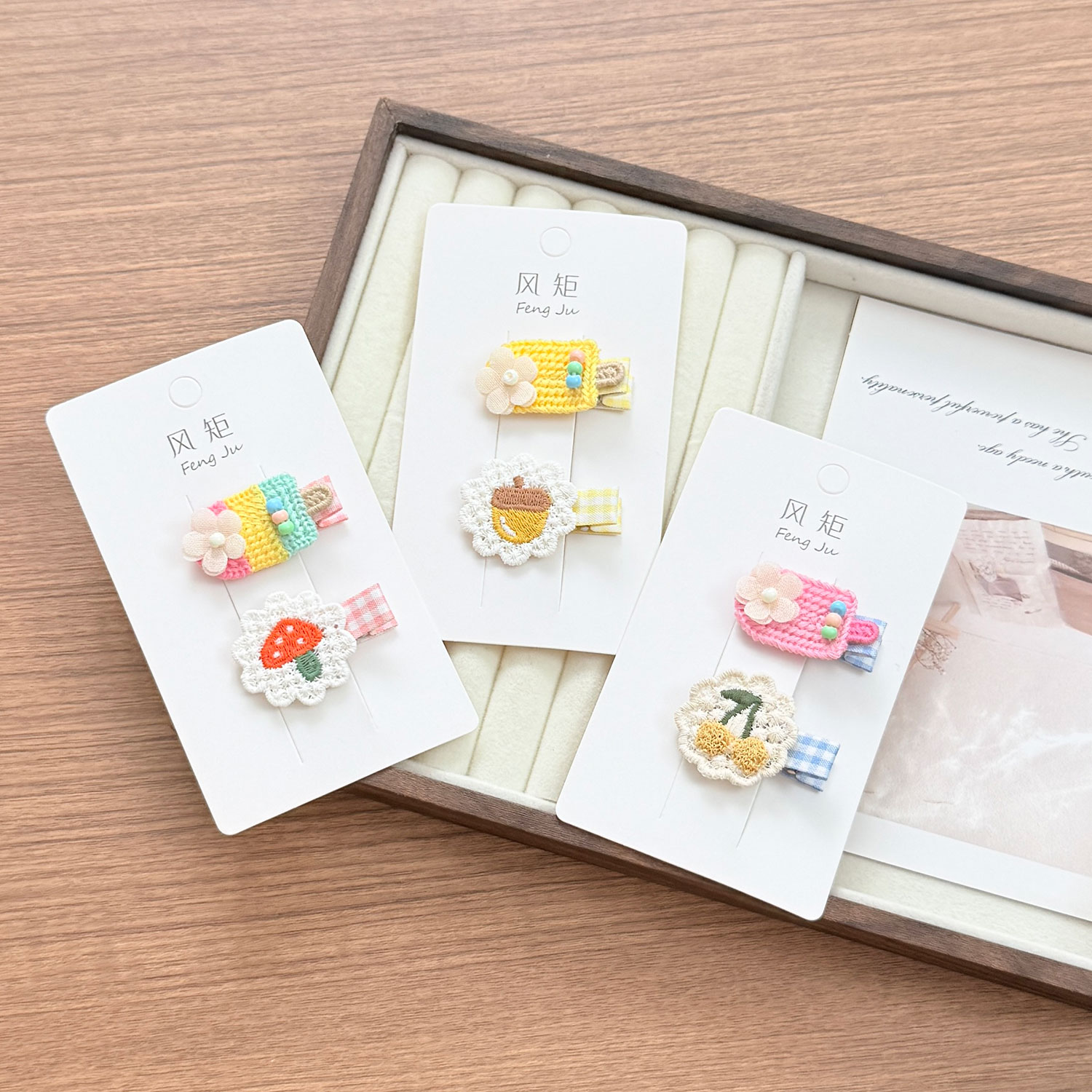手工串珠编织款发夹小众可爱刺绣毛线婴儿刘海夹全包布小发卡头饰