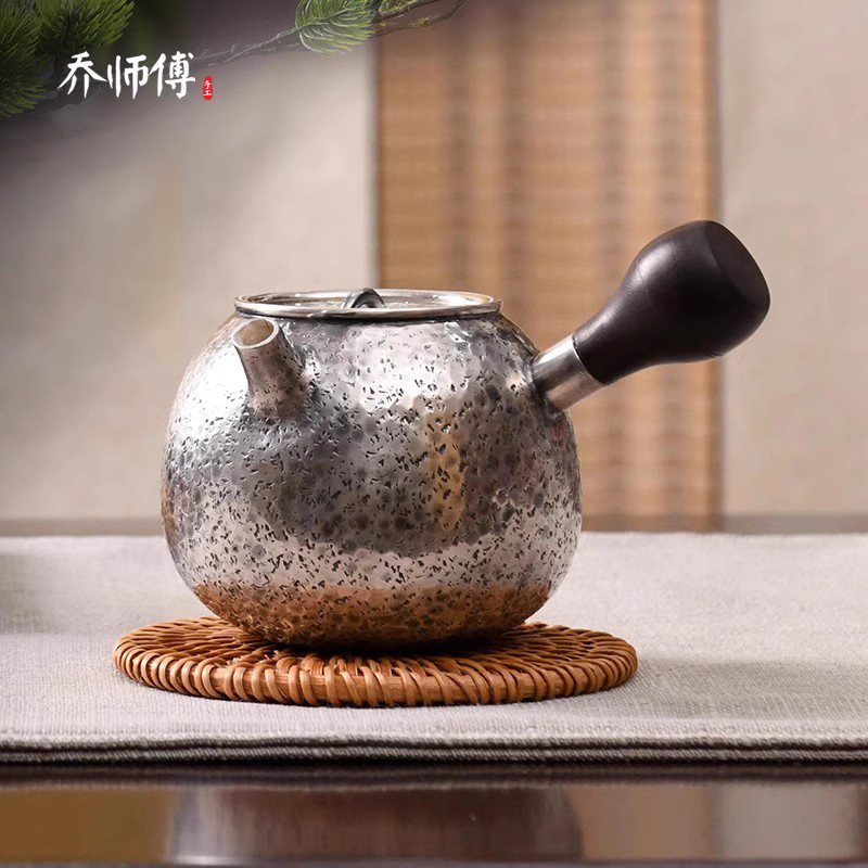 乔师傅侧把银壶手工虫蚀纹小茶壶纯银999烧水壶功夫防烫银泡茶壶