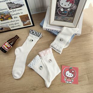 可爱凯蒂kt猫刺绣中筒袜格子花边袜口ins学院风春夏薄款 满3双 包邮