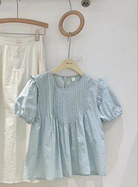 2026夏季新款法式泡泡袖衬衫女皱褶圆领百搭显瘦减龄娃娃衫上衣