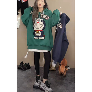 刺绣卡通叮当猫连帽宽松卫衣女2023秋季薄款中长款长袖字母上衣潮