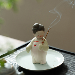柒分皿陶瓷仕女香插手绘唐美人复古桌面摆件中式 香薰线香底座香托