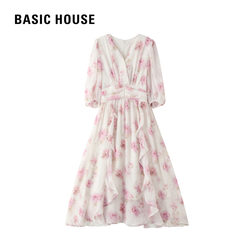 百家好法式V领灯笼袖显瘦连衣裙