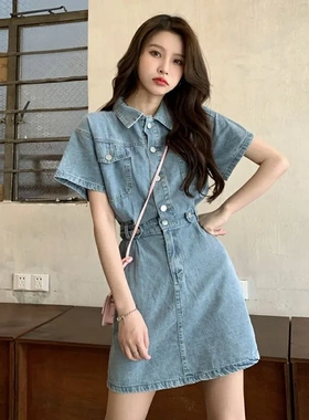 法式大众POLO领牛仔连衣裙女小个子收腰显瘦复古韩版牛仔a字短裙