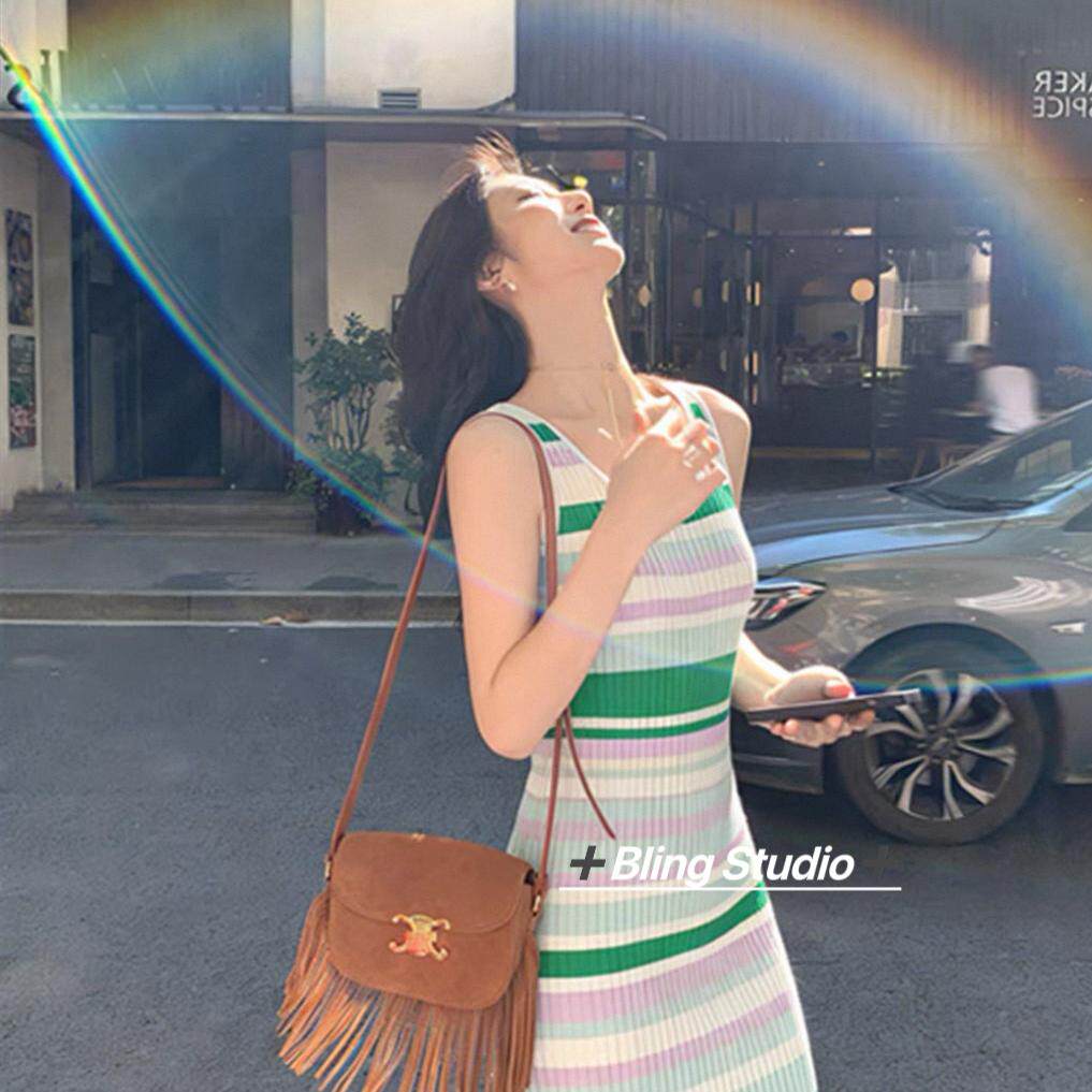 BLING -袖拼接条纹针织背心长裙连衣裙(不含项链+包包配饰)6123