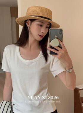 元熙-新U领莱卡棉刺绣金属小马宽松T短袖T恤(领标位置随机)268117