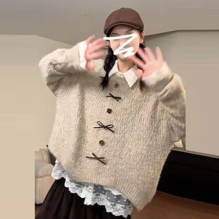 卡其色蝴蝶结毛衣女春秋季2025新款软糯慵懒风宽松毛绒针织上衣