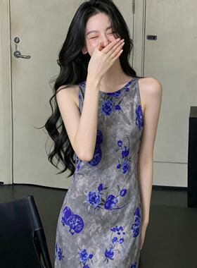 夏上新唯美香云纱斜裁修身显瘦优雅连衣裙(不含项链)y7760